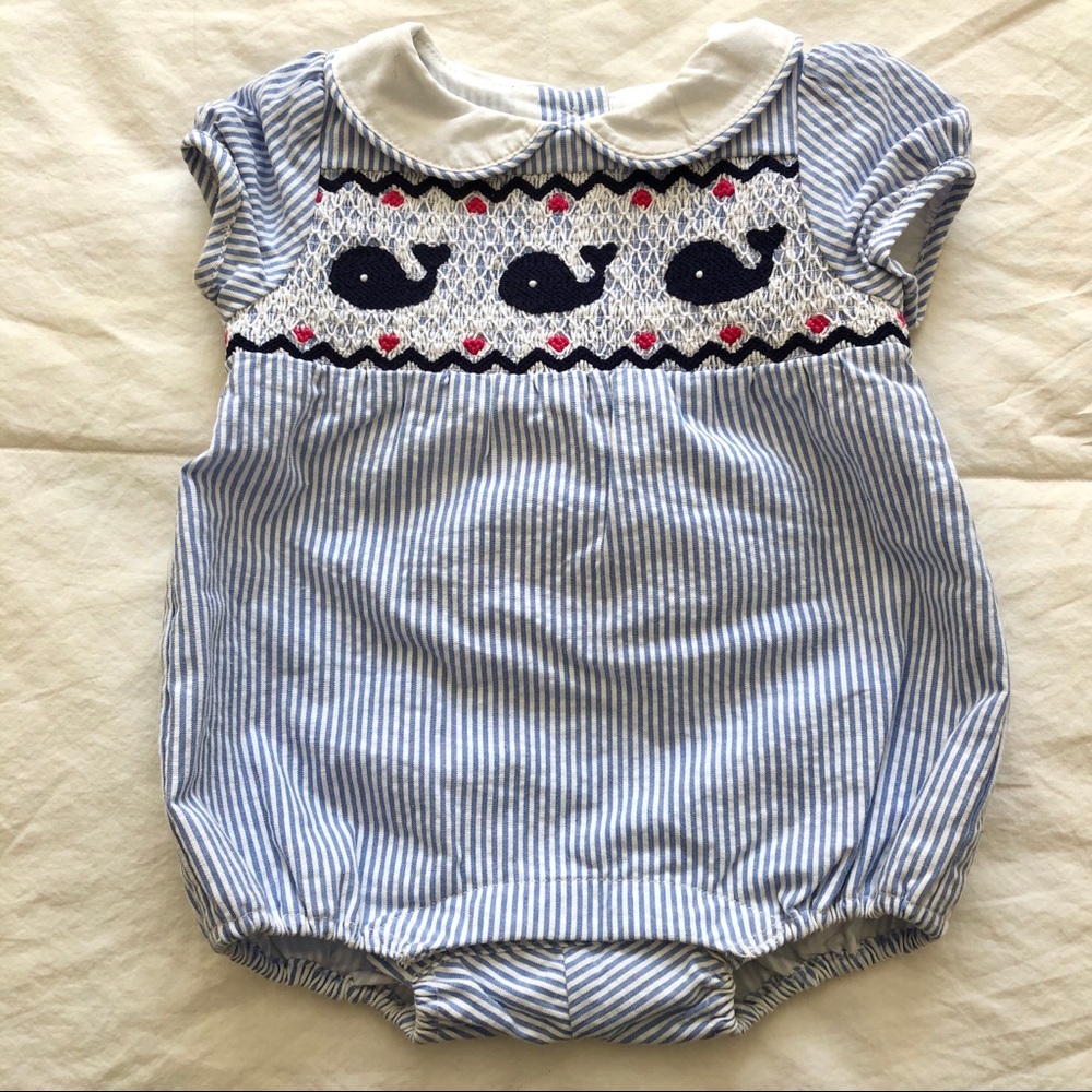 Blue white Seersucker smocked Whale bubble preppy